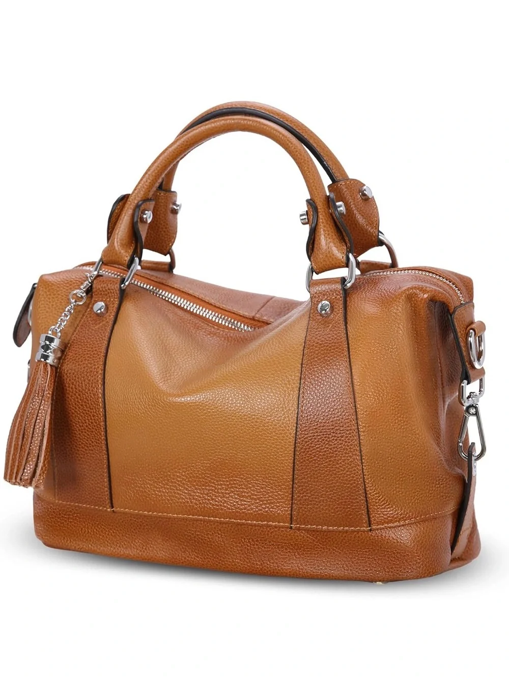 Women’s Genuine Leather Two Tone Satchel Tote Bag Cognac Brown Crossbody